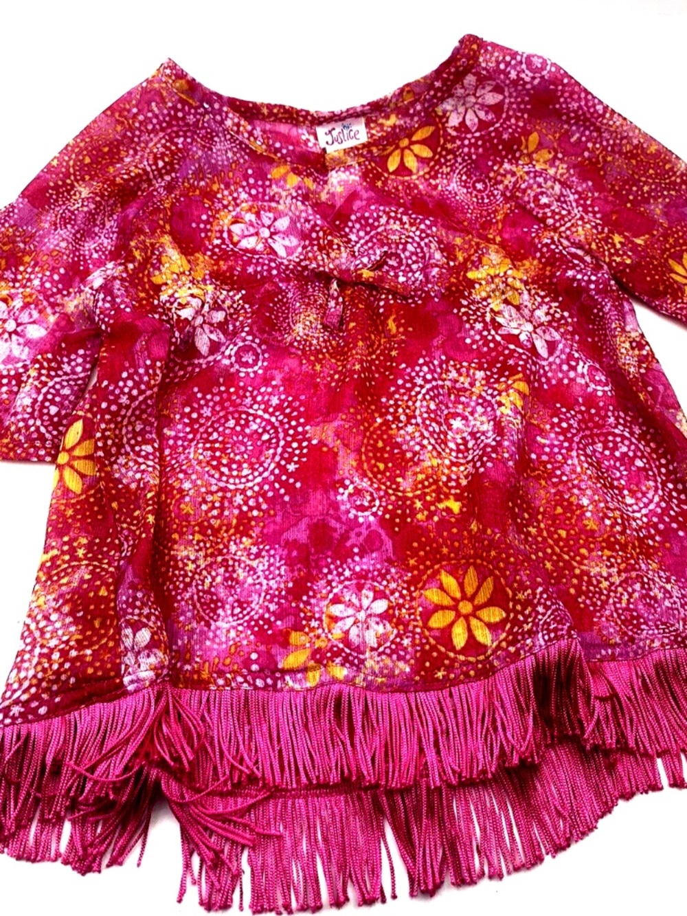 Justice Girls Top Size 6 Pink Fringe Children Kids Summer Flowers
